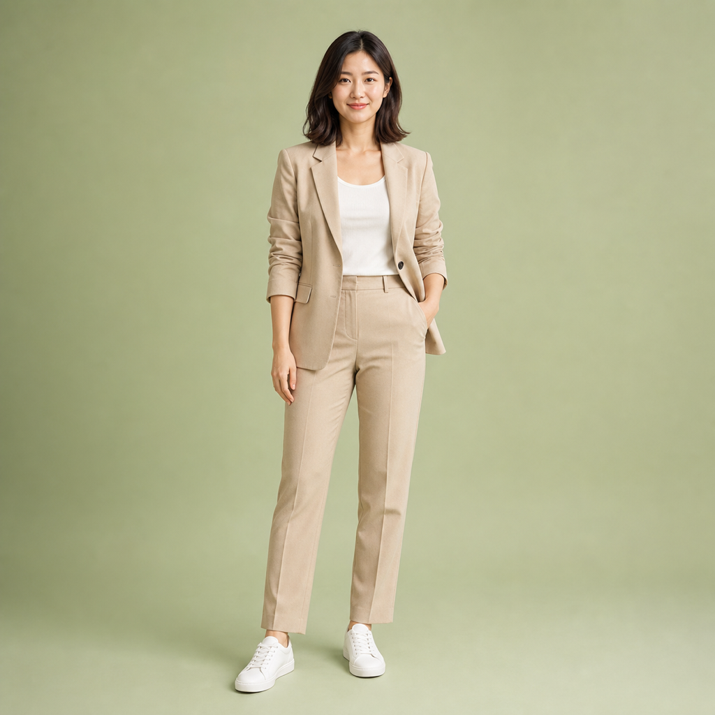 Full-body AI human in a sand-colored suit
